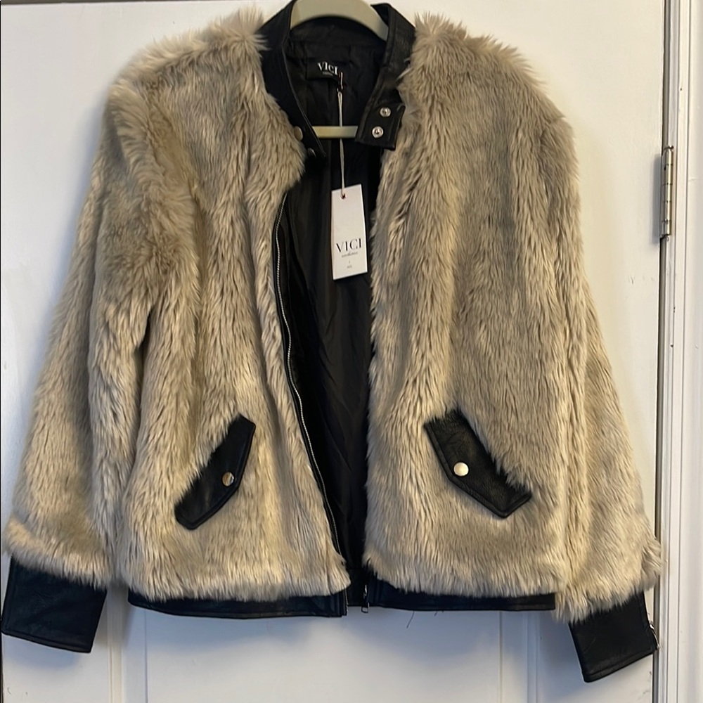 Vici Tan Teddy Jacket with Faux Fur and Open Front